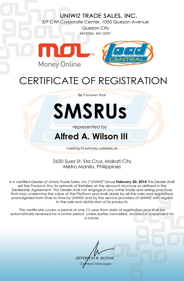 Dealer SMSRUs LoadCentral Certificate
