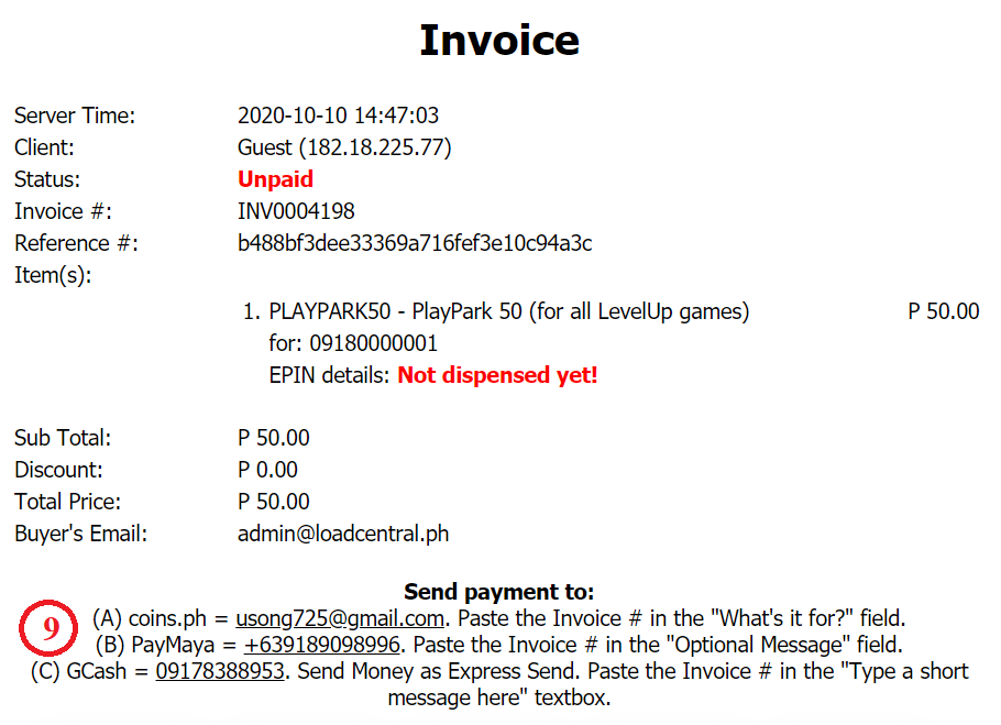 How to buy PlayPark load using GCash, PayMaya or Coins.Ph - Invoice
